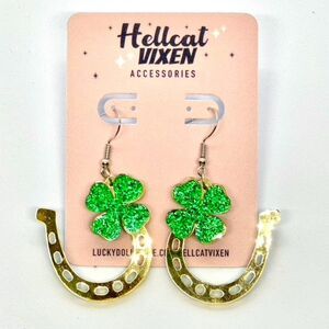 Glitter St Patrick's Shamrock Gold Horsehoe Dangling Vintage Style Hook Earrings